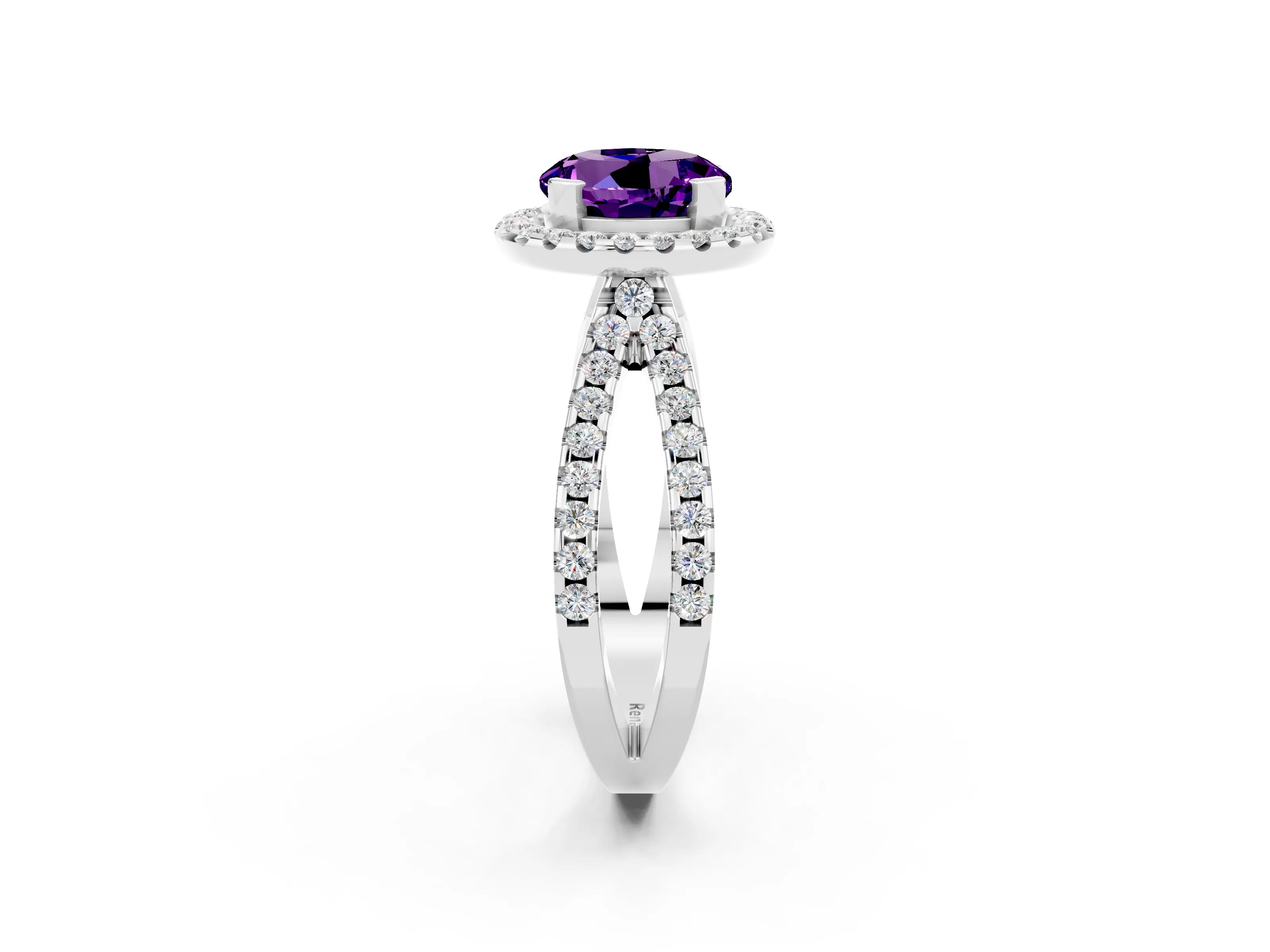 White gold Round Cut Amethyst Halo Ring with Split Shank Pavé Band and Prong Setting_2