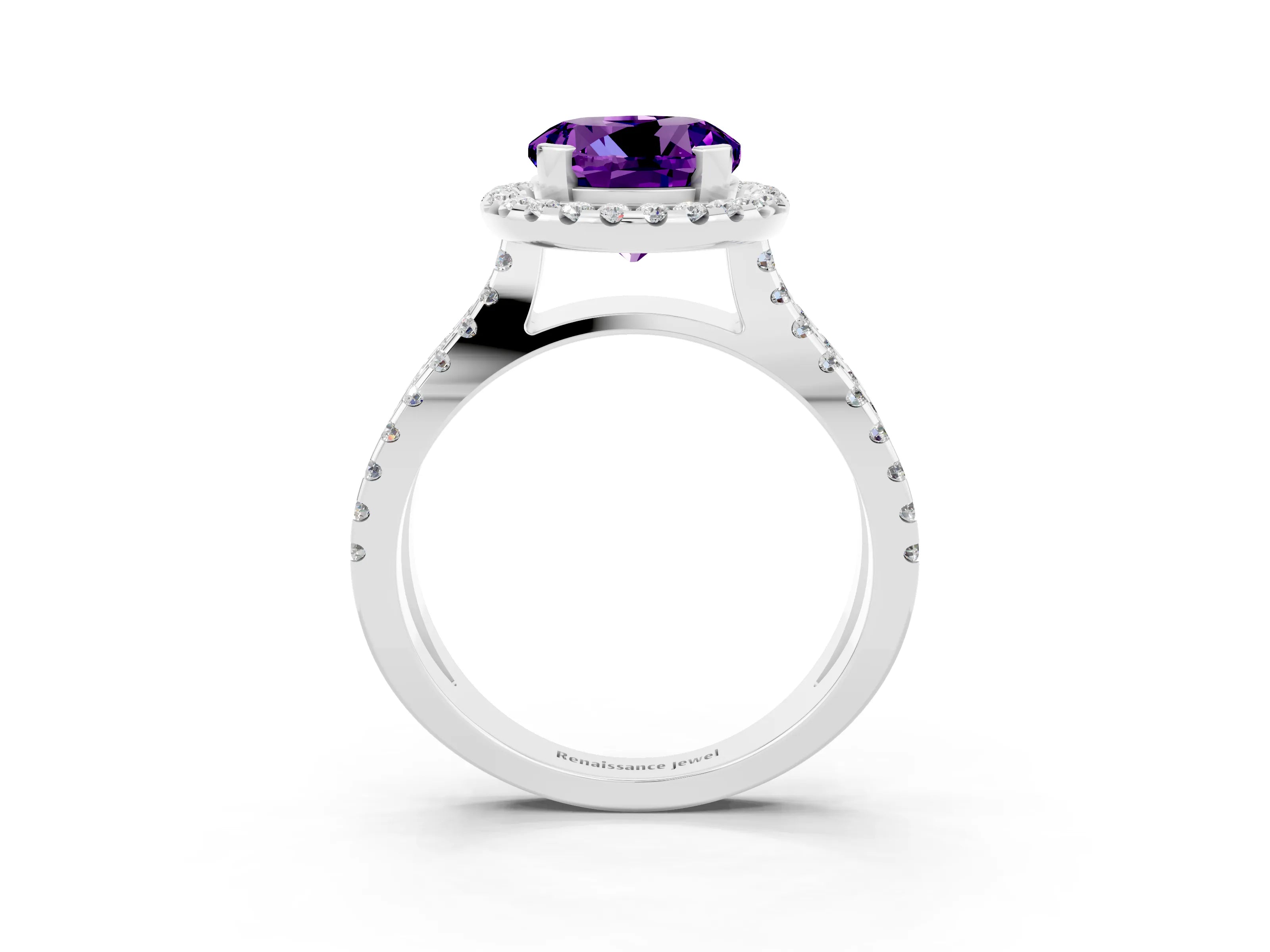 White gold Round Cut Amethyst Halo Ring with Split Shank Pavé Band and Prong Setting_3