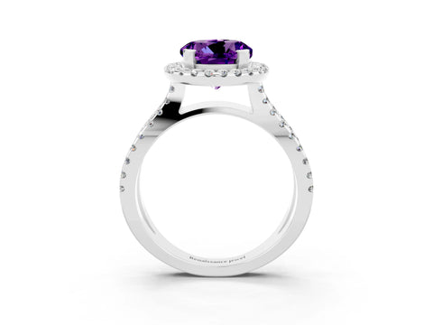 White gold Round Cut Amethyst Halo Ring with Split Shank Pavé Band and Prong Setting_3