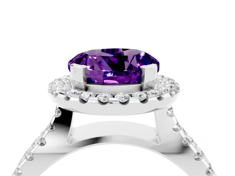 White gold Round Cut Amethyst Halo Ring with Split Shank Pavé Band and Prong Setting_4