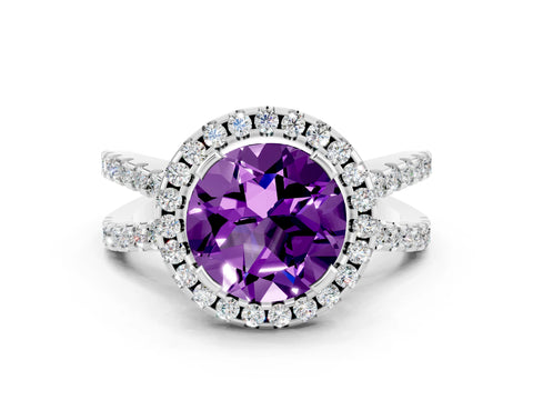 White gold Round Cut Amethyst Halo Ring with Split Shank Pavé Band and Prong Setting