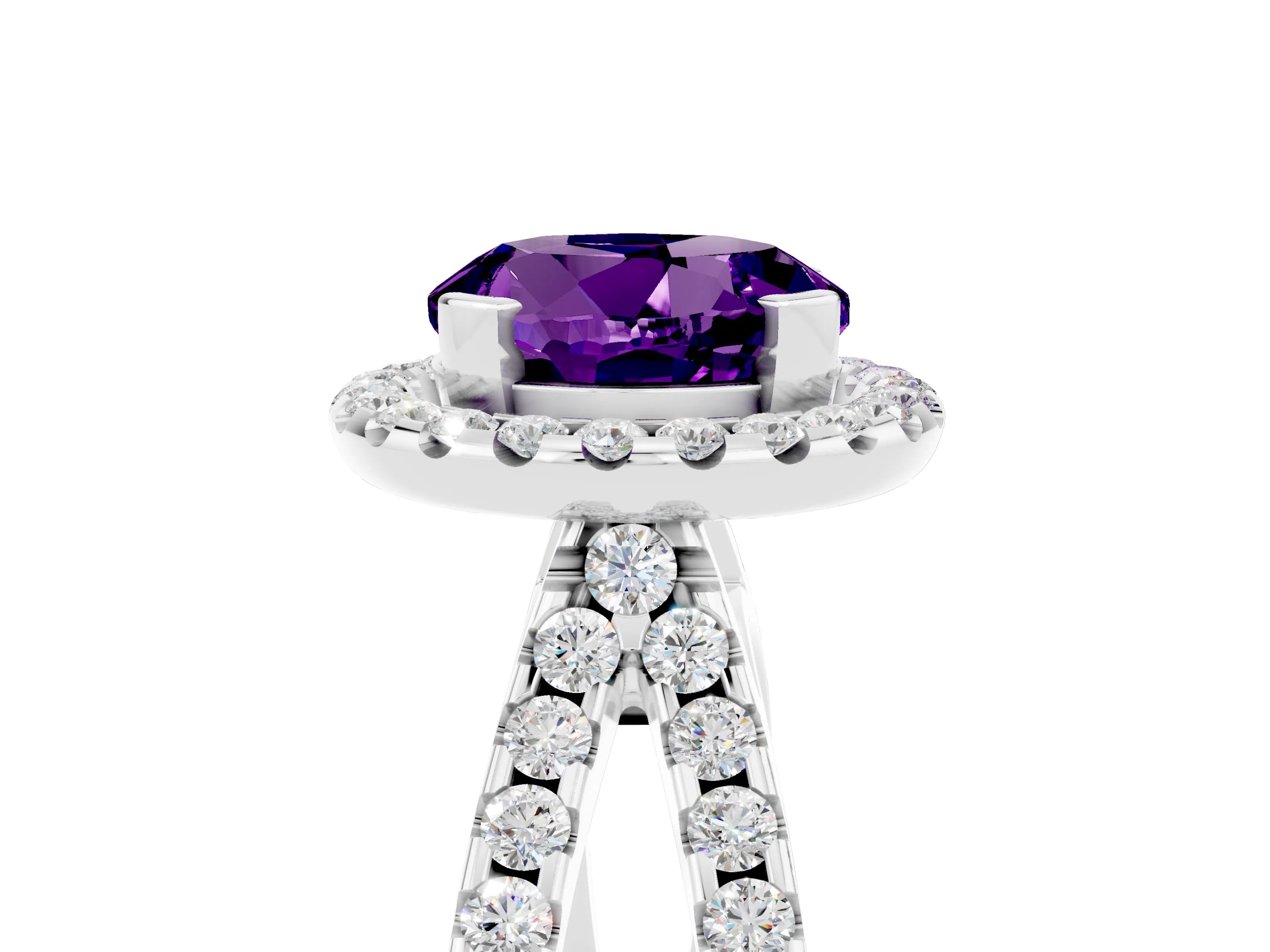 White gold Round Cut Amethyst Halo Ring with Split Shank Pavé Band and Prong Setting_5