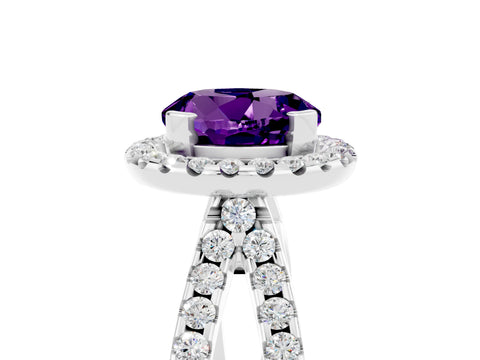 White gold Round Cut Amethyst Halo Ring with Split Shank Pavé Band and Prong Setting_5