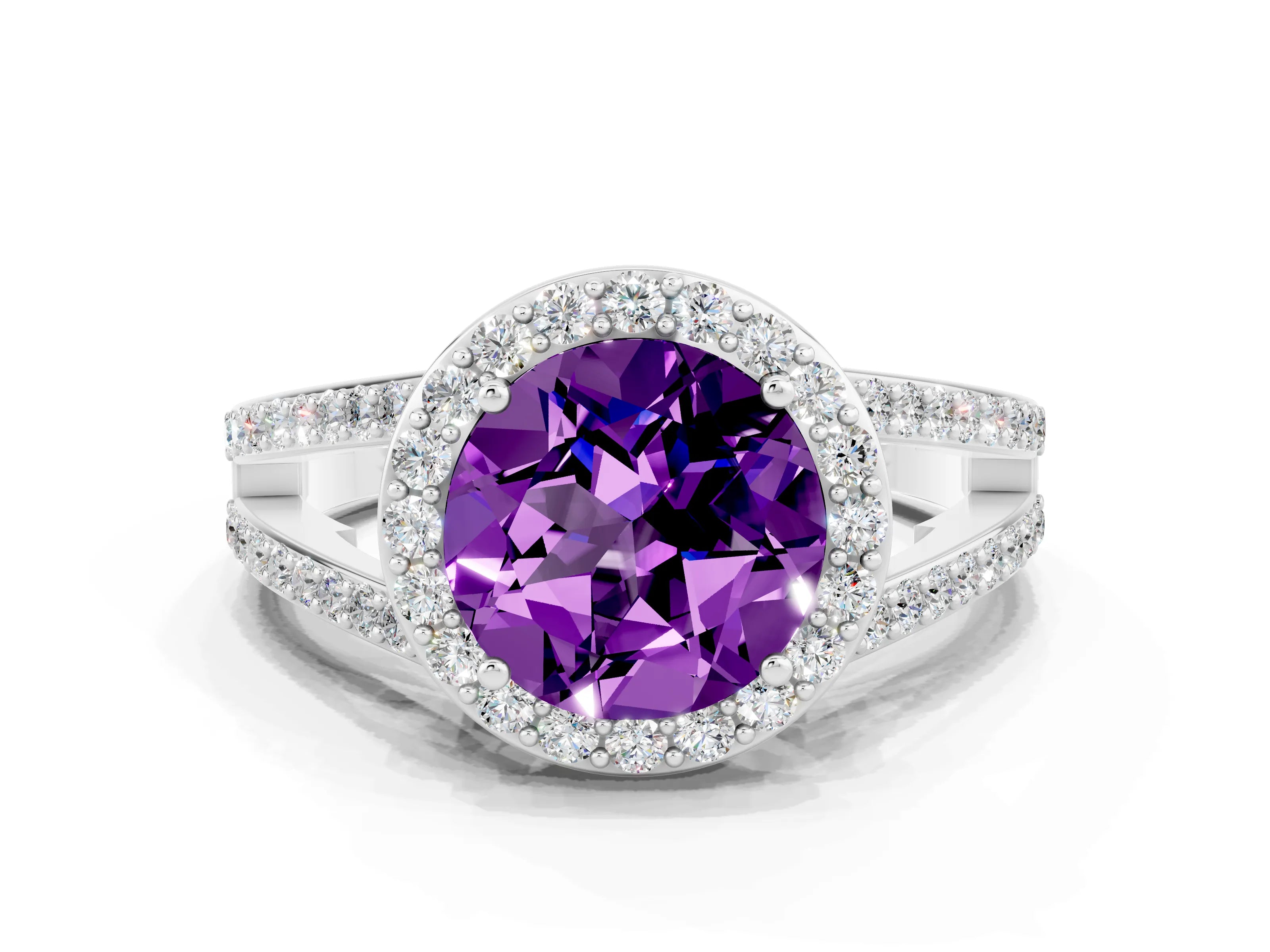 White gold Round Cut Amethyst Halo Ring with Split Shank U-Prong Band and Four-Prong Setting