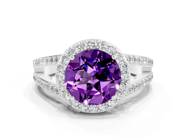Platinum Round Cut Amethyst Halo Ring with Split Shank U-Prong Band and Four-Prong Setting