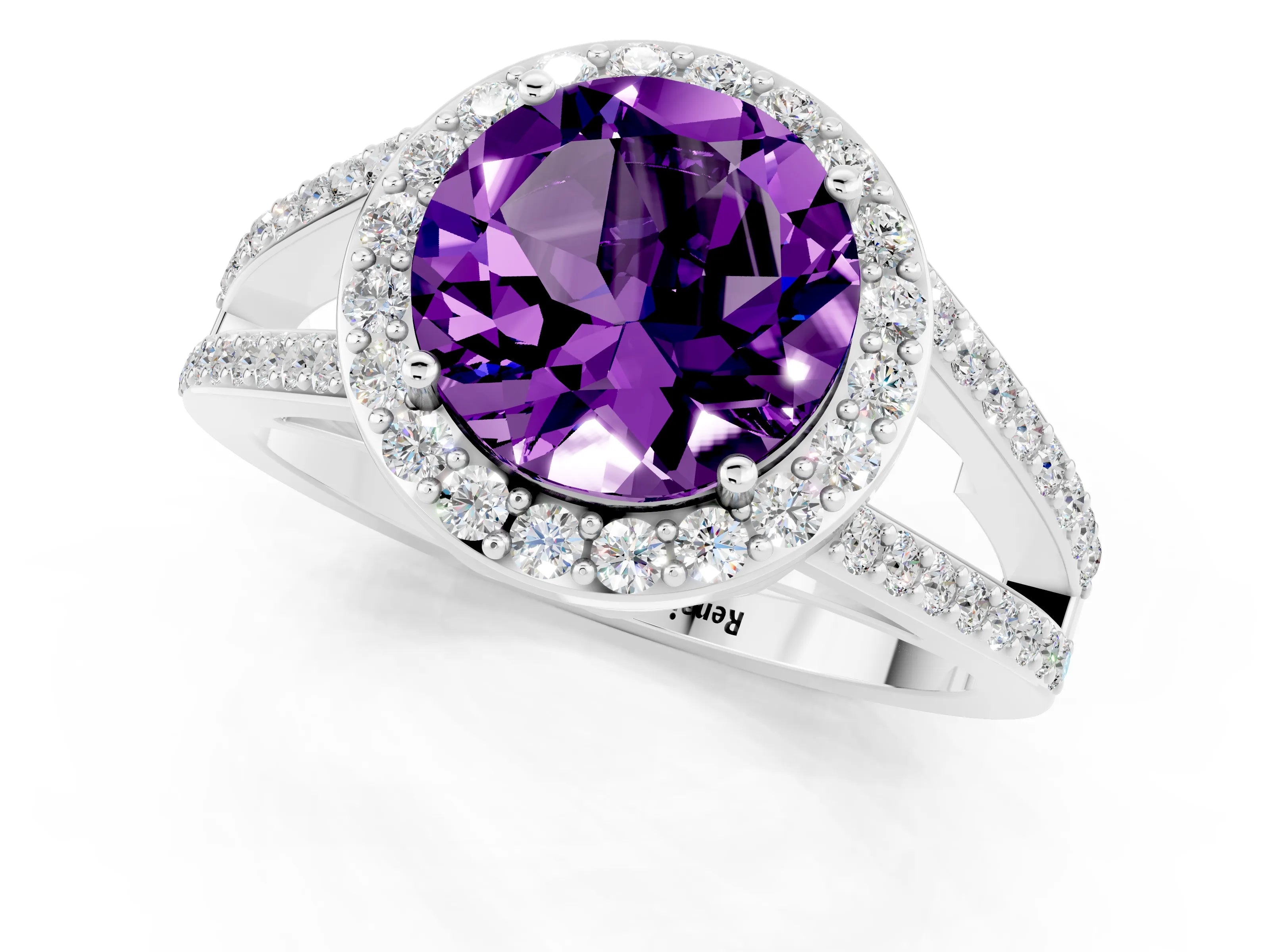 White gold Round Cut Amethyst Halo Ring with Split Shank U-Prong Band and Four-Prong Setting_1
