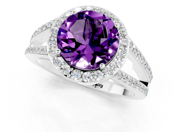 Silver Round Cut Amethyst Halo Ring with Split Shank U-Prong Band and Four-Prong Setting