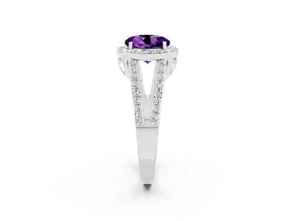 Platinum Round Cut Amethyst Halo Ring with Split Shank U-Prong Band and Four-Prong Setting