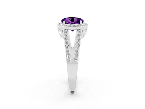 White gold Round Cut Amethyst Halo Ring with Split Shank U-Prong Band and Four-Prong Setting_2