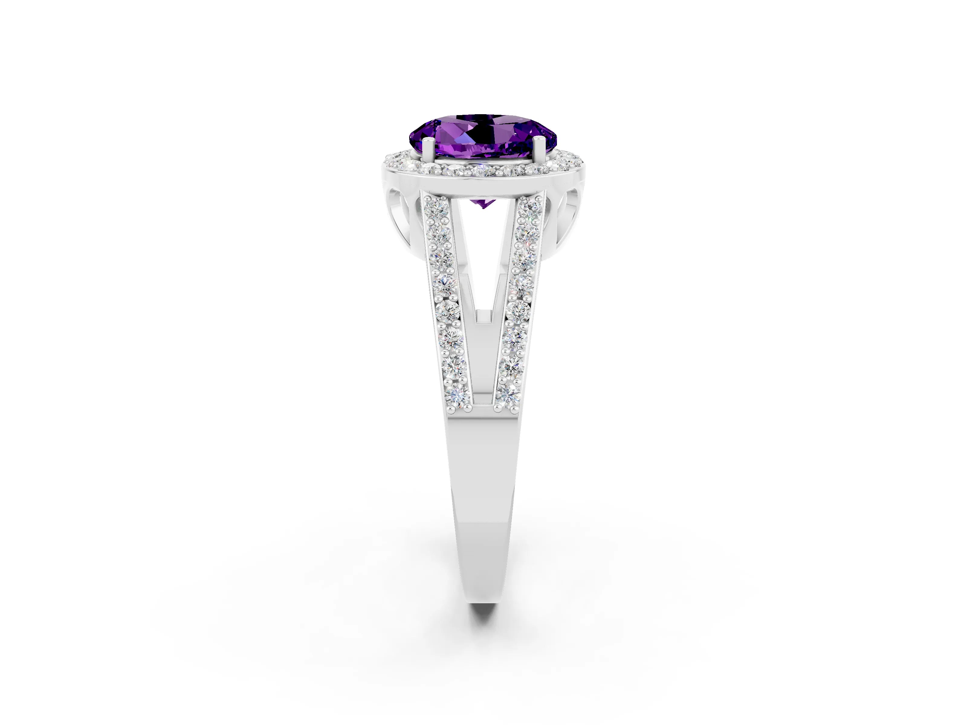 White gold Round Cut Amethyst Halo Ring with Split Shank U-Prong Band and Four-Prong Setting_2