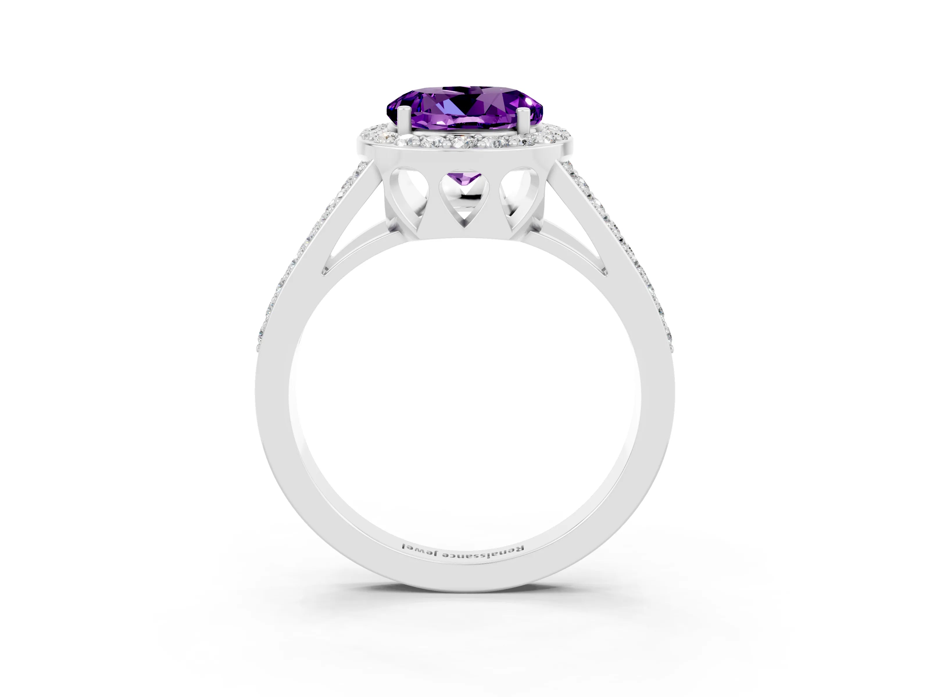White gold Round Cut Amethyst Halo Ring with Split Shank U-Prong Band and Four-Prong Setting_3