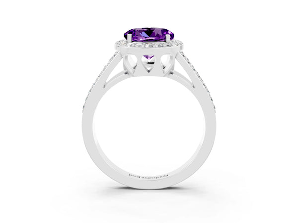 Platinum Round Cut Amethyst Halo Ring with Split Shank U-Prong Band and Four-Prong Setting