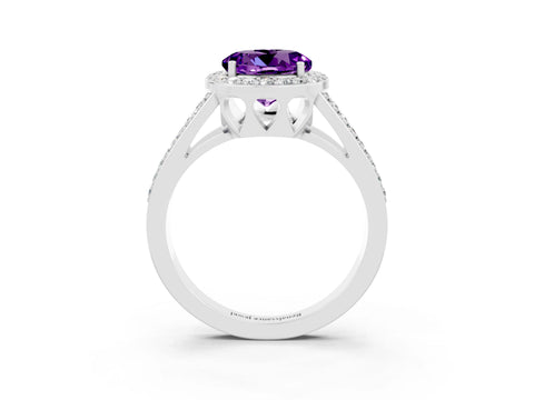 White gold Round Cut Amethyst Halo Ring with Split Shank U-Prong Band and Four-Prong Setting_3