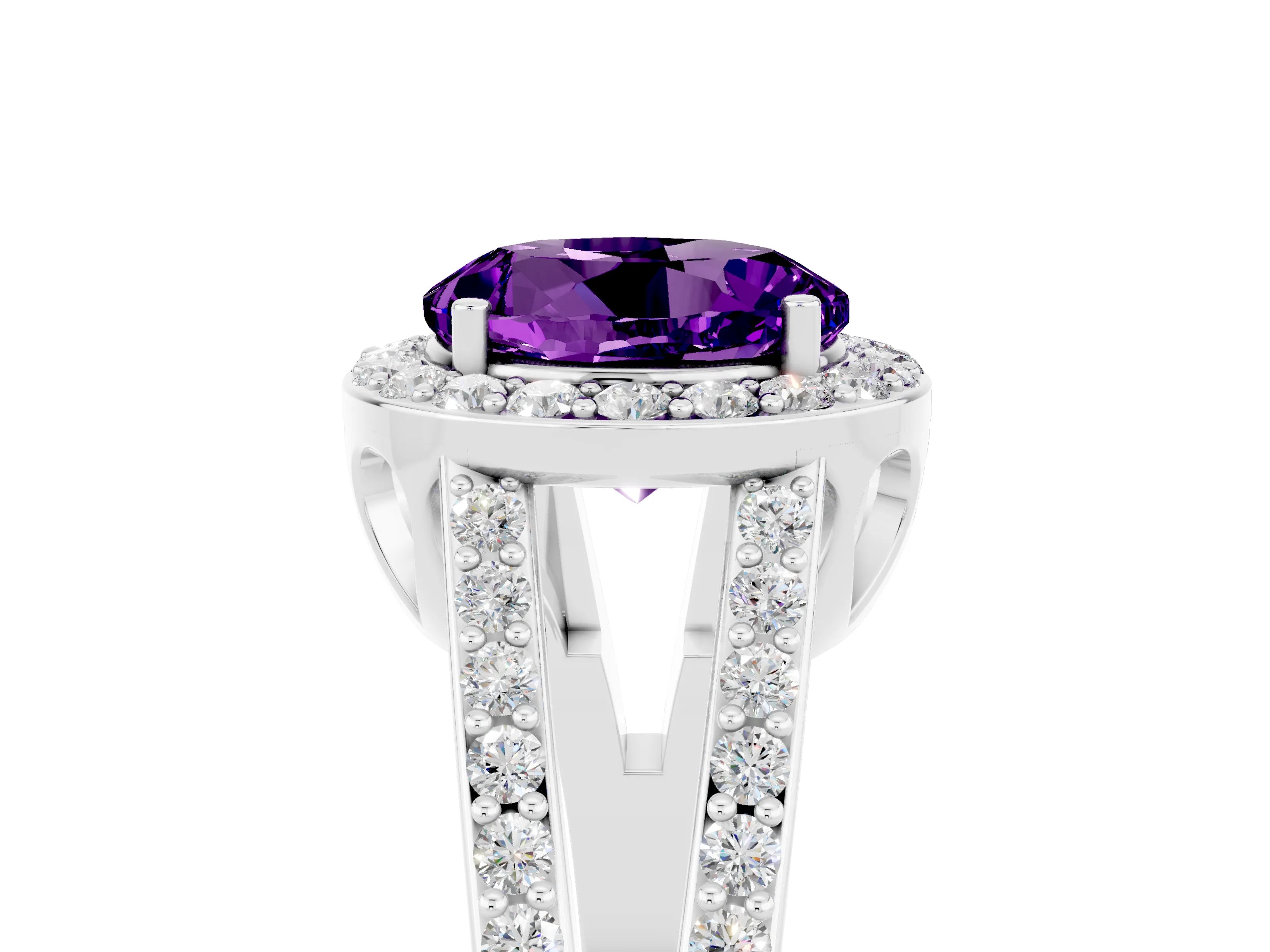 White gold Round Cut Amethyst Halo Ring with Split Shank U-Prong Band and Four-Prong Setting_5