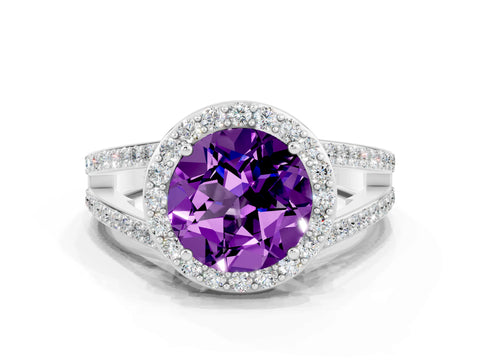 White gold Round Cut Amethyst Halo Ring with Split Shank U-Prong Band and Four-Prong Setting
