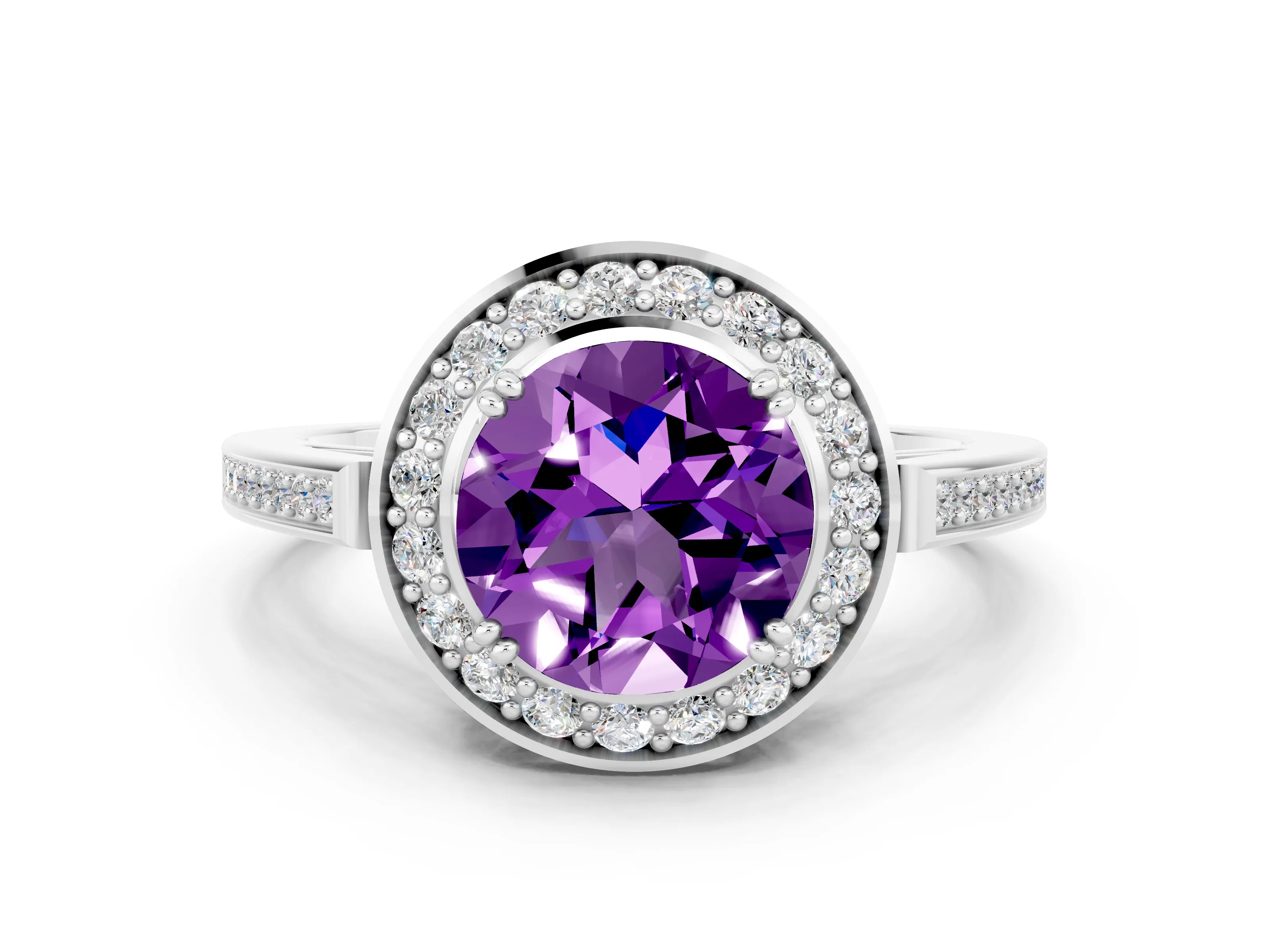 White gold Round Cut Amethyst Halo Ring with Split Shank and Four-Prong Setting
