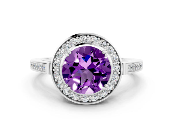Platinum Round Cut Amethyst Halo Ring with Split Shank and Four-Prong Setting