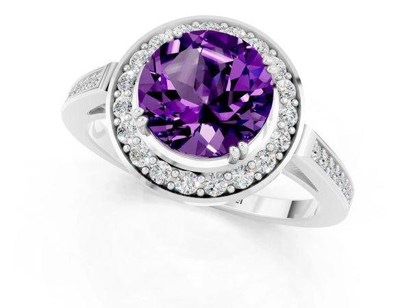 Platinum Round Cut Amethyst Halo Ring with Split Shank and Four-Prong Setting