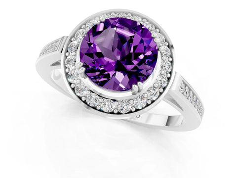 White gold Round Cut Amethyst Halo Ring with Split Shank and Four-Prong Setting_13