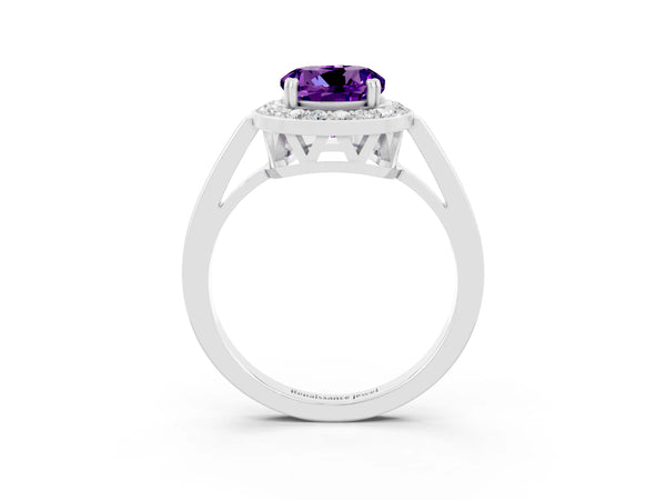 White gold Round Cut Amethyst Halo Ring with Split Shank and Four-Prong Setting