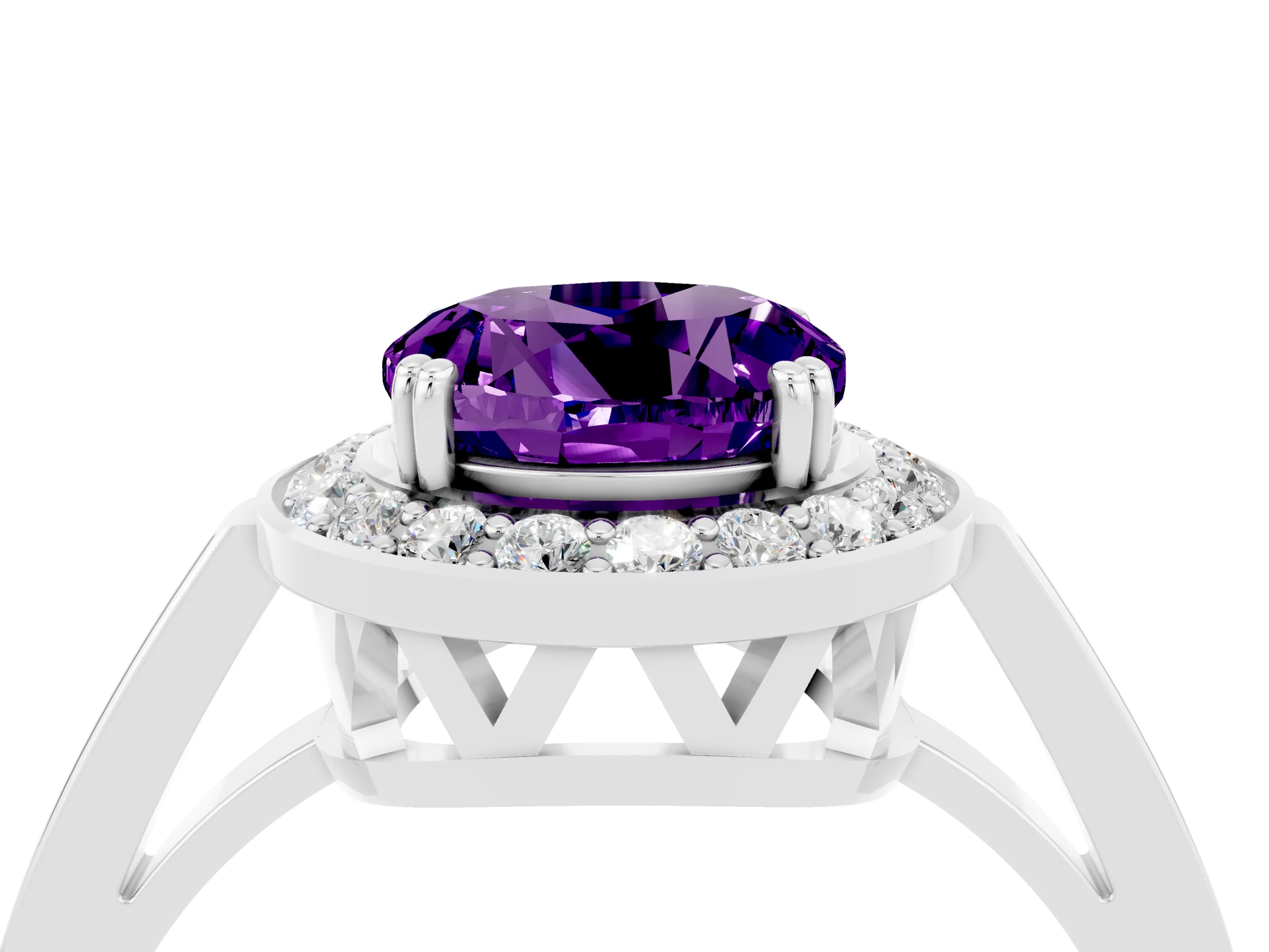 White gold Round Cut Amethyst Halo Ring with Split Shank and Four-Prong Setting_16