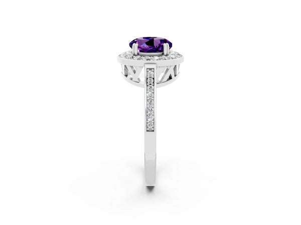Silver Round Cut Amethyst Halo Ring with Split Shank and Four-Prong Setting