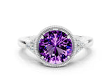 White gold Round Cut Amethyst Halo Ring with Tapered Band and Four-Prong Setting