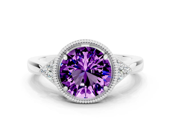 Platinum Round Cut Amethyst Halo Ring with Tapered Band and Four-Prong Setting