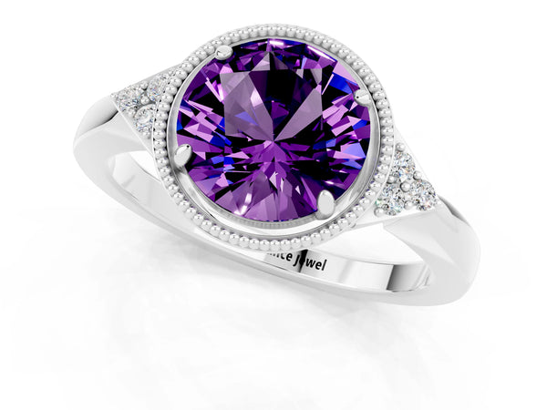 Platinum Round Cut Amethyst Halo Ring with Tapered Band and Four-Prong Setting
