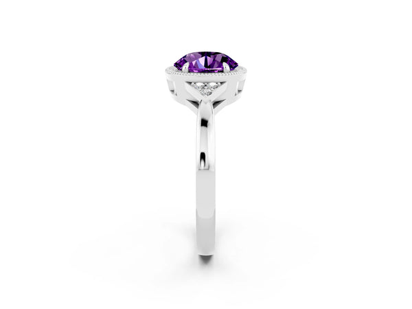 White gold Round Cut Amethyst Halo Ring with Tapered Band and Four-Prong Setting