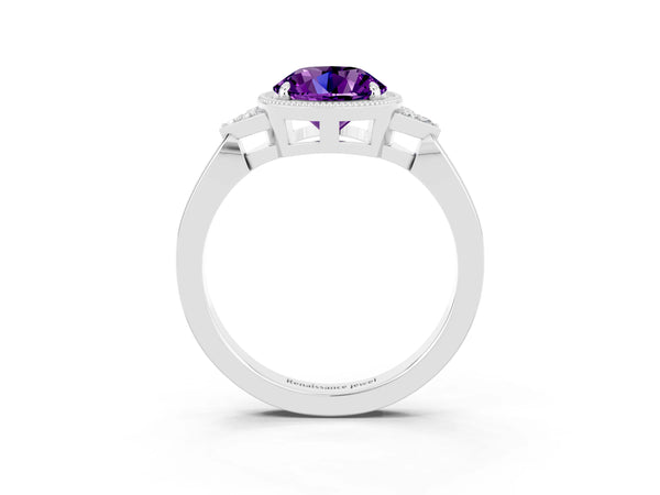 Platinum Round Cut Amethyst Halo Ring with Tapered Band and Four-Prong Setting
