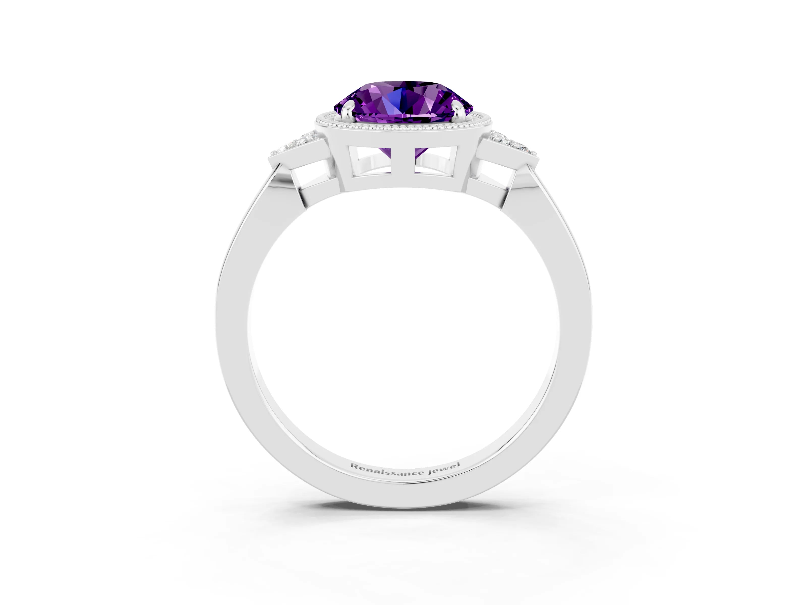 White gold Round Cut Amethyst Halo Ring with Tapered Band and Four-Prong Setting_3