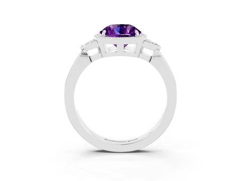 White gold Round Cut Amethyst Halo Ring with Tapered Band and Four-Prong Setting_3