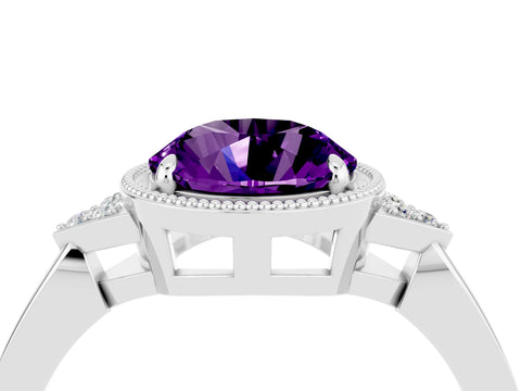 White gold Round Cut Amethyst Halo Ring with Tapered Band and Four-Prong Setting_4