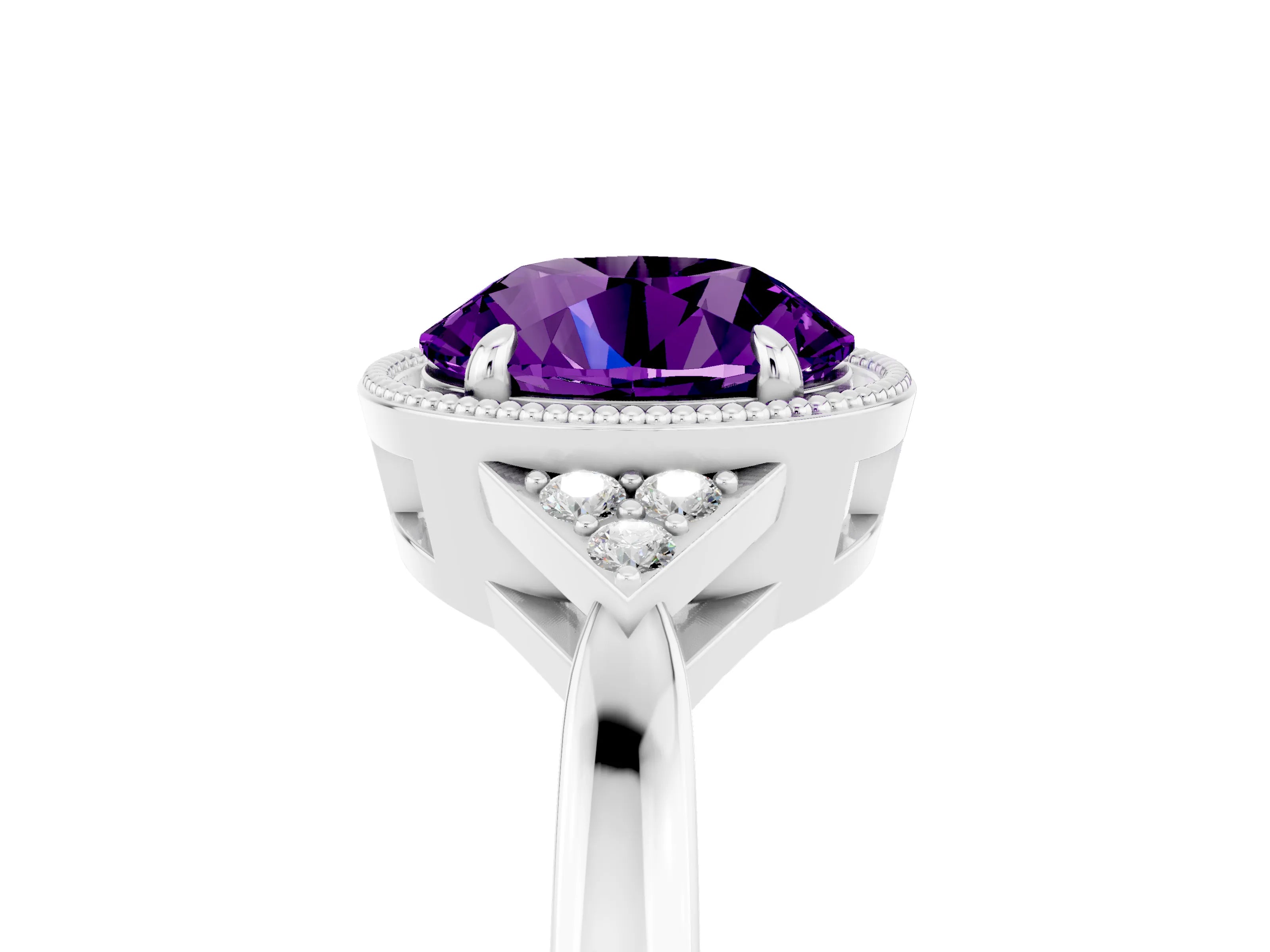 White gold Round Cut Amethyst Halo Ring with Tapered Band and Four-Prong Setting_5