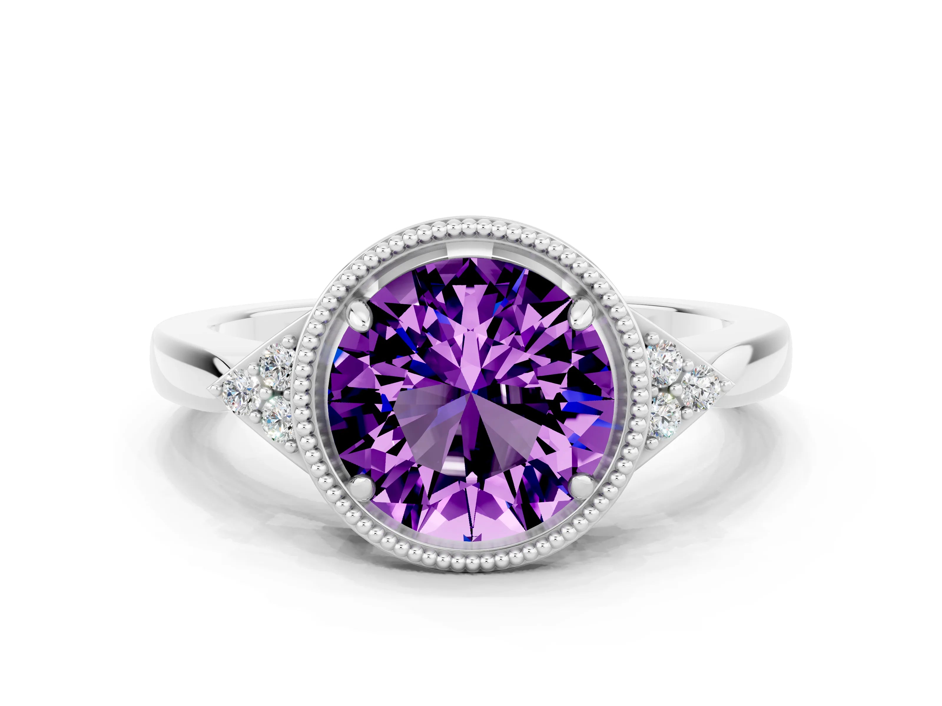 White gold Round Cut Amethyst Halo Ring with Tapered Band and Four-Prong Setting