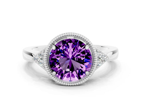 White gold Round Cut Amethyst Halo Ring with Tapered Band and Four-Prong Setting