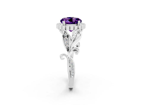 White gold Round Cut Amethyst Halo Ring with Vintage Split Shank and Four-Prong Setting_20