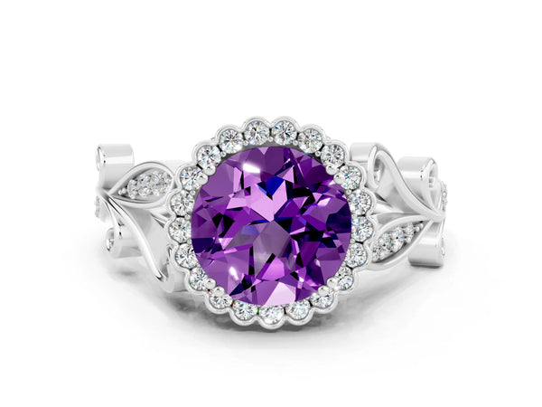 Silver Round Cut Amethyst Halo Ring with Vintage Split Shank and Four-Prong Setting