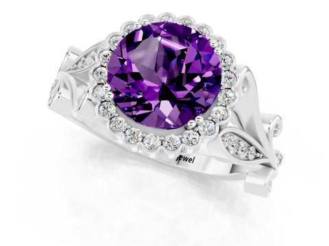 White gold Round Cut Amethyst Halo Ring with Vintage Split Shank and Four-Prong Setting_22
