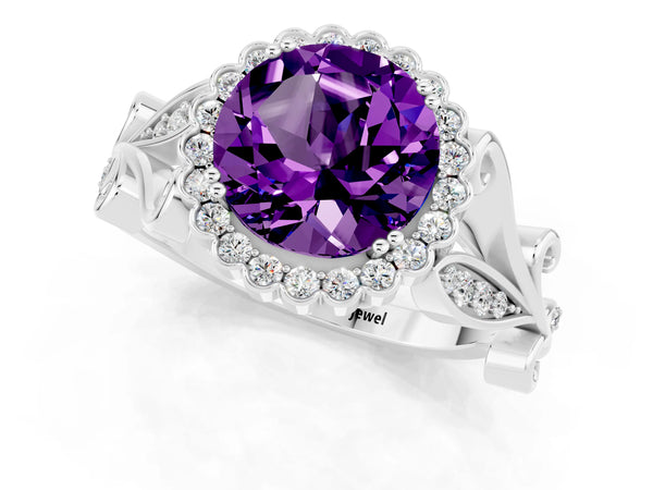 Platinum Round Cut Amethyst Halo Ring with Vintage Split Shank and Four-Prong Setting