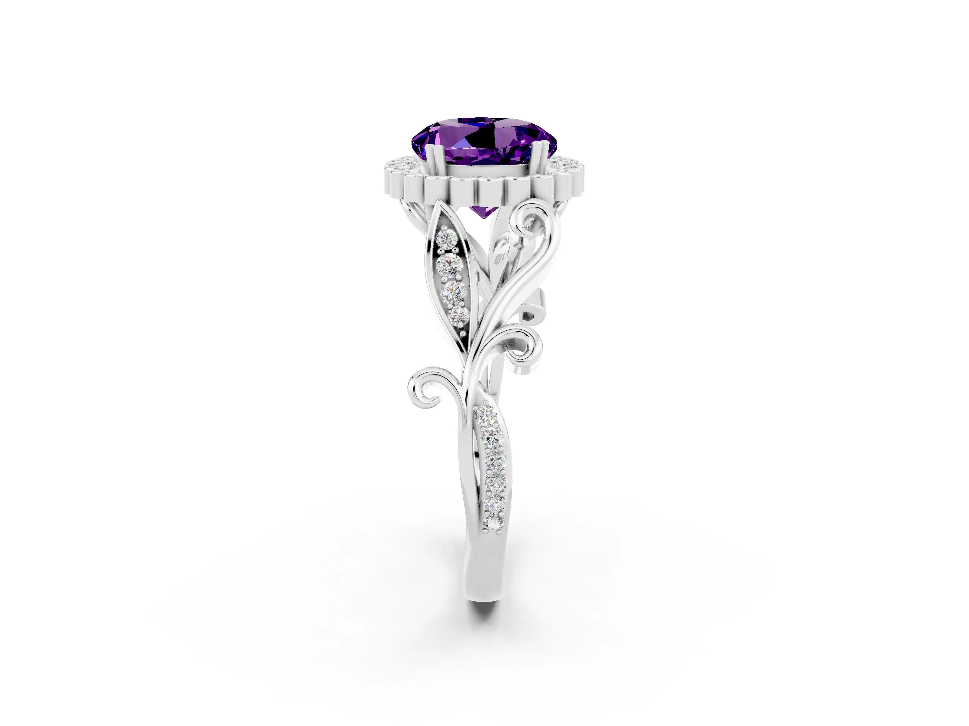 White gold Round Cut Amethyst Halo Ring with Vintage Split Shank and Four-Prong Setting_26