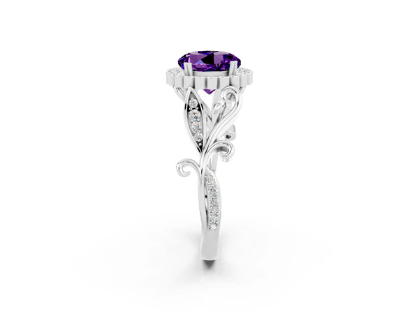 Platinum Round Cut Amethyst Halo Ring with Vintage Split Shank and Four-Prong Setting