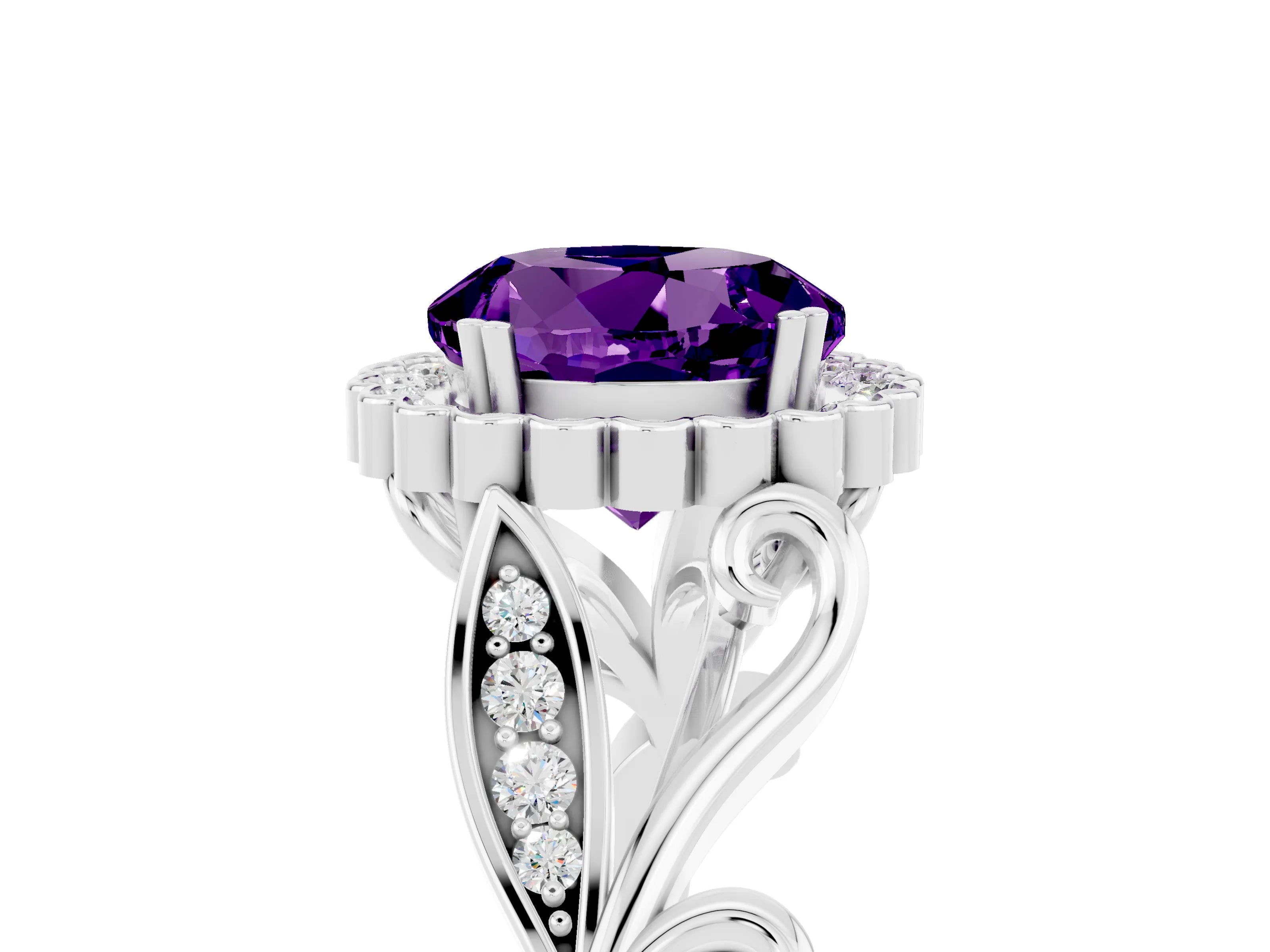 White gold Round Cut Amethyst Halo Ring with Vintage Split Shank and Four-Prong Setting_26
