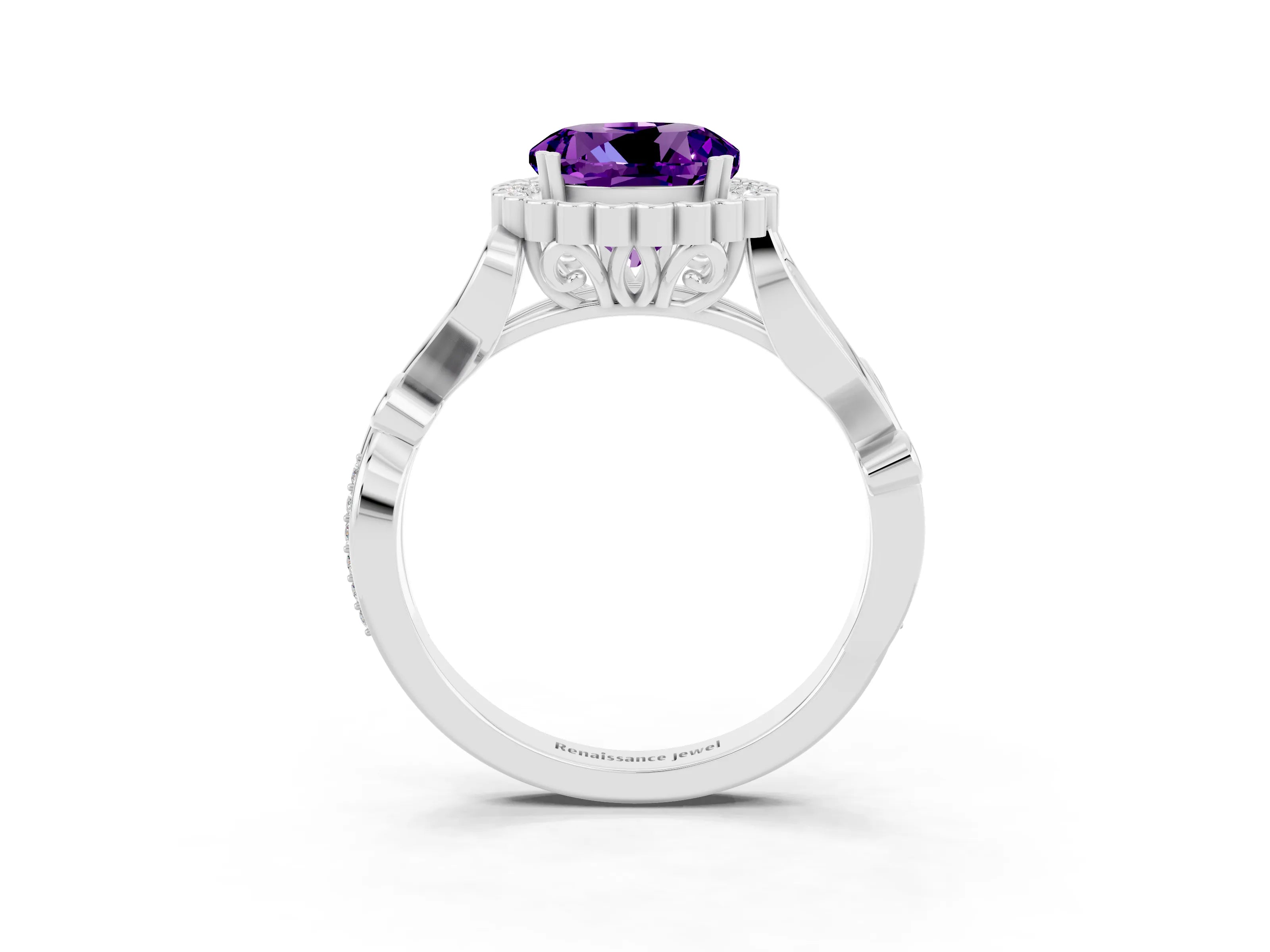 White gold Round Cut Amethyst Halo Ring with Vintage Split Shank and Four-Prong Setting_27