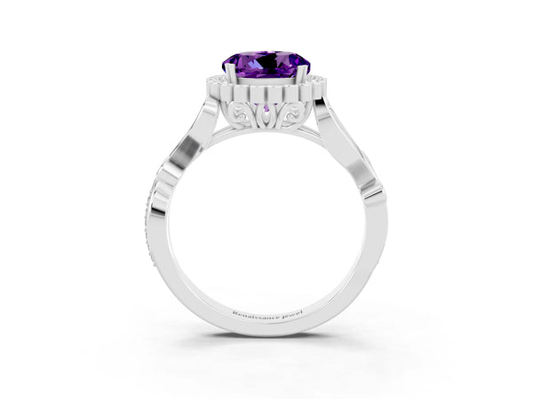 Platinum Round Cut Amethyst Halo Ring with Vintage Split Shank and Four-Prong Setting