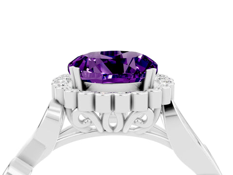 White gold Round Cut Amethyst Halo Ring with Vintage Split Shank and Four-Prong Setting_28