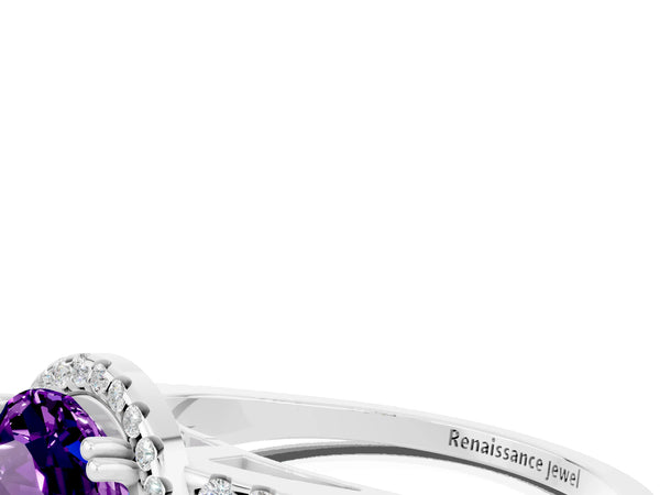 Platinum Round Cut Amethyst Halo Split Shank Engagement Ring