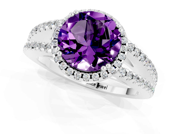 White gold Round Cut Amethyst Halo Split Shank Engagement Ring