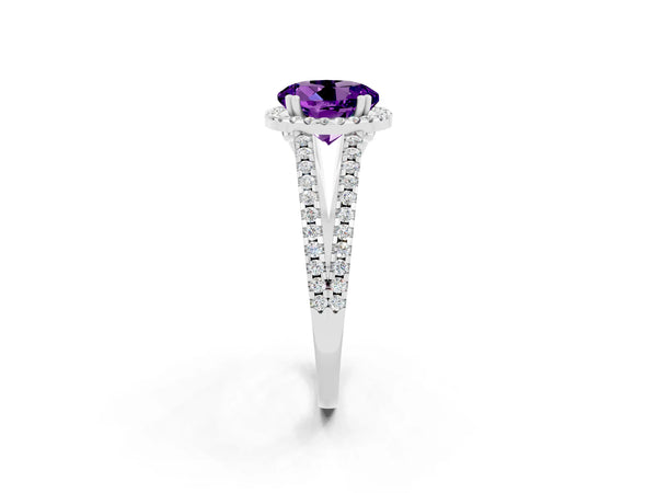 Platinum Round Cut Amethyst Halo Split Shank Engagement Ring